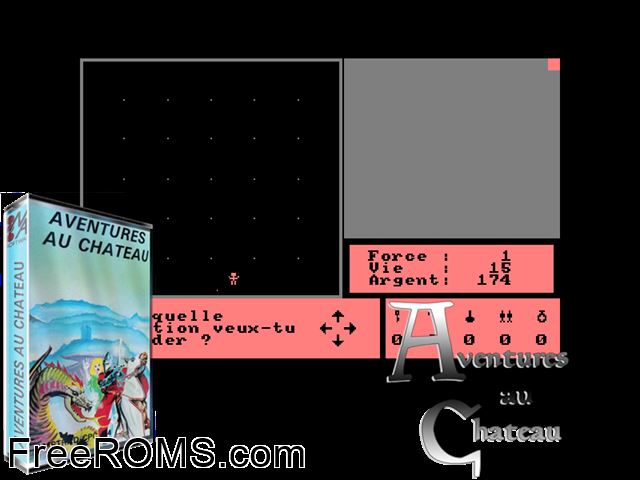 Aventures Au Chateau (F) (1985) Amstrad CPC game showing 3D box cover and gameplay screenshot