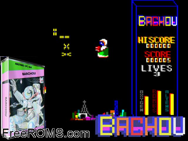 Bachou (UK) (1985) Amstrad CPC game showing 3D box cover and gameplay screenshot