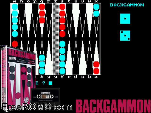 Backgammon (UK) (1986) Amstrad CPC game showing 3D box cover and gameplay screenshot