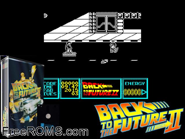 Back To The Future 2 (UK) (1990) (Disk 2 of 3) Amstrad CPC game showing 3D box cover and gameplay screenshot