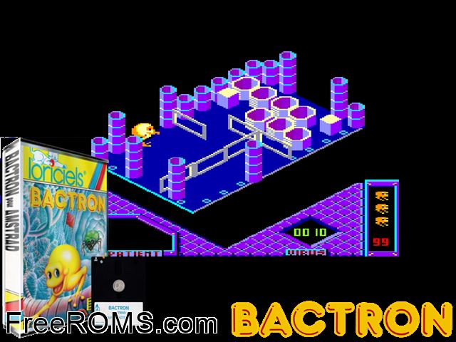 Bactron (F) (1986) Amstrad CPC game showing 3D box cover and gameplay screenshot