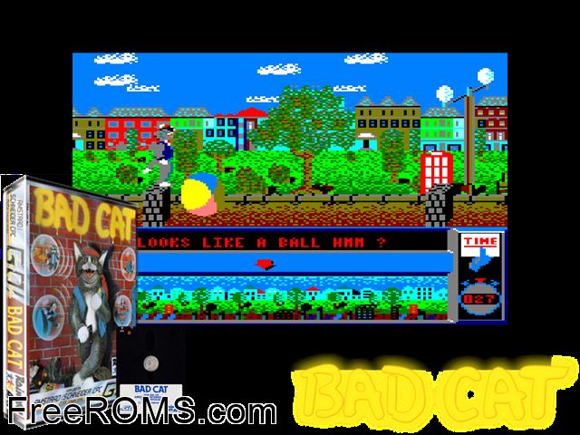 Bad Cat (UK) (1987) (Disk 2 of 2) Amstrad CPC game showing 3D box cover and gameplay screenshot