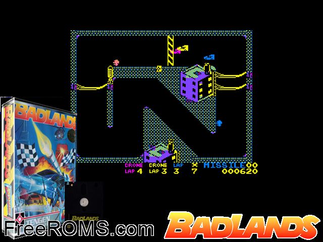 Badlands (UK) (1990) Amstrad CPC game showing 3D box cover and gameplay screenshot
