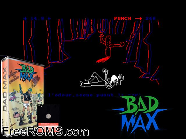 Bad Max (F) (1985) Amstrad CPC game showing 3D box cover and gameplay screenshot