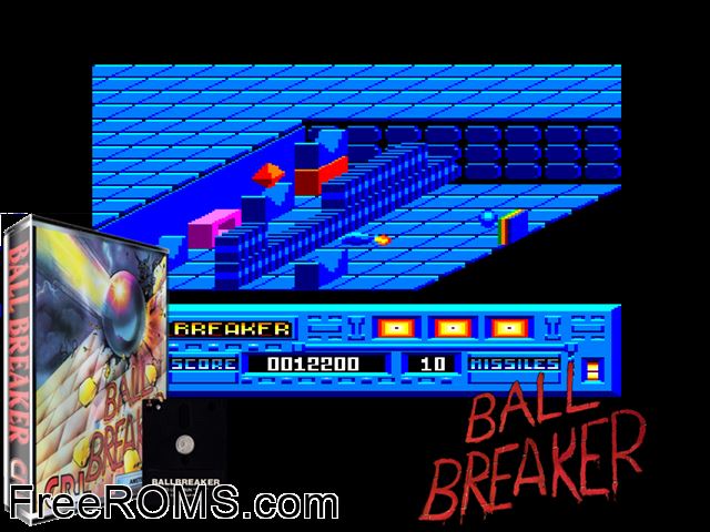 Ball Breaker 1 (UK) (1987) Amstrad CPC game showing 3D box cover and gameplay screenshot