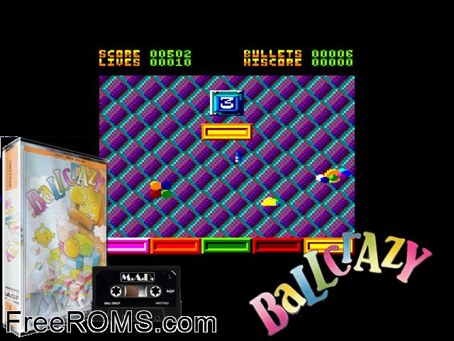 Ball Crazy (UK) (1987) Amstrad CPC game showing 3D box cover and gameplay screenshot