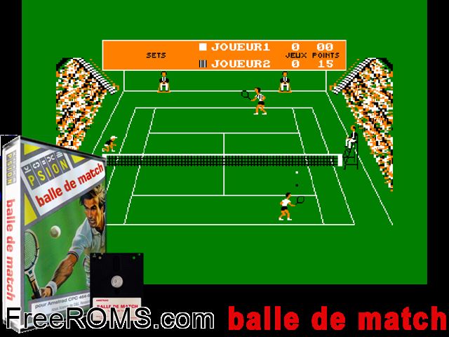 Balle De Match (F) (19xx) Amstrad CPC game showing 3D box cover and gameplay screenshot