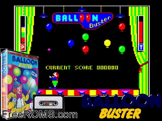 Balloon Buster (UK) (1989) Amstrad CPC game showing 3D box cover and gameplay screenshot