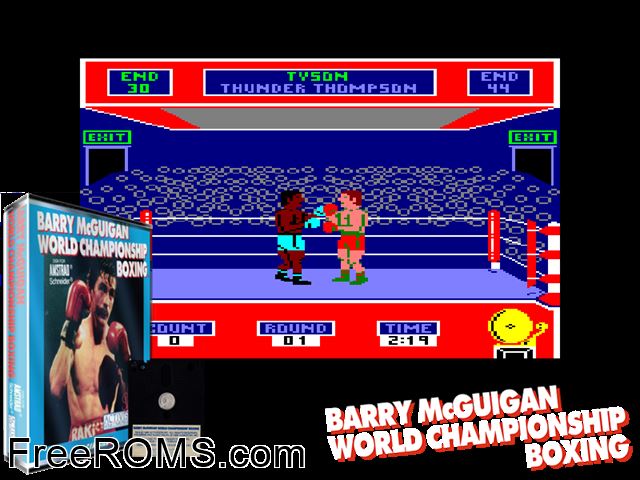 Barry Mc Guigan's Boxing (UK) (1985) Amstrad CPC game showing 3D box cover and gameplay screenshot