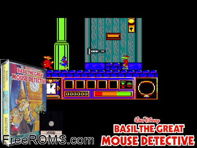 Basil Great Mouse Detective (UK) (1987) Amstrad CPC game showing 3D box cover and gameplay screenshot
