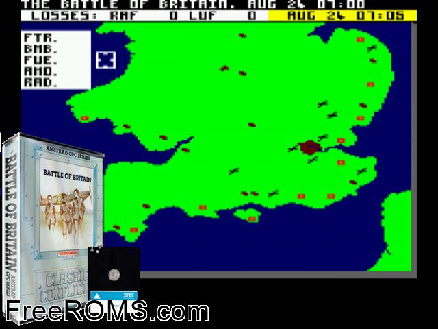 Batalla De Inglaterra (S) (19xx) Amstrad CPC game showing 3D box cover and gameplay screenshot