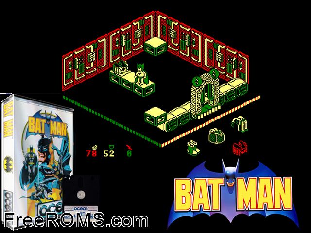Batman (UK) (1986) Amstrad CPC game showing 3D box cover and gameplay screenshot