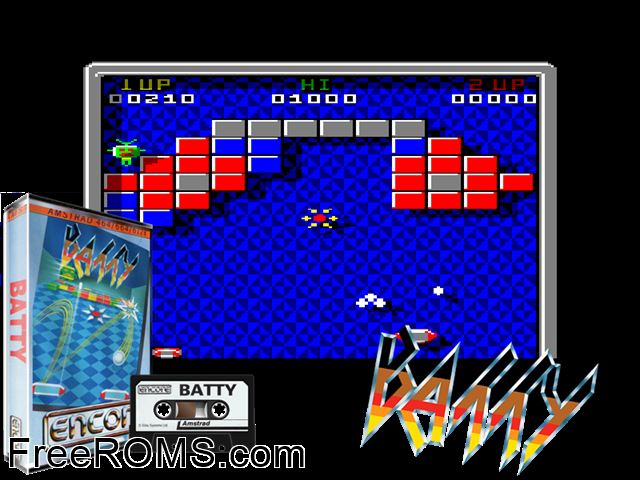 Batty (UK) (1987) Amstrad CPC game showing 3D box cover and gameplay screenshot