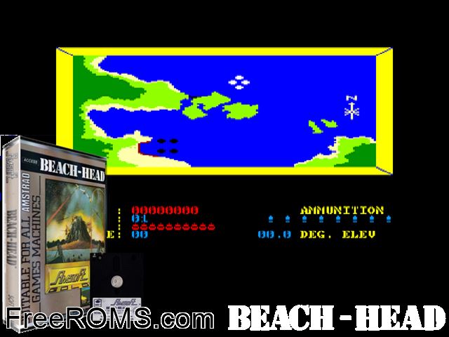 Beach Head (UK) (1985) Amstrad CPC game showing 3D box cover and gameplay screenshot