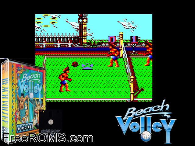 Beach Volley (UK) (1989) Amstrad CPC game showing 3D box cover and gameplay screenshot