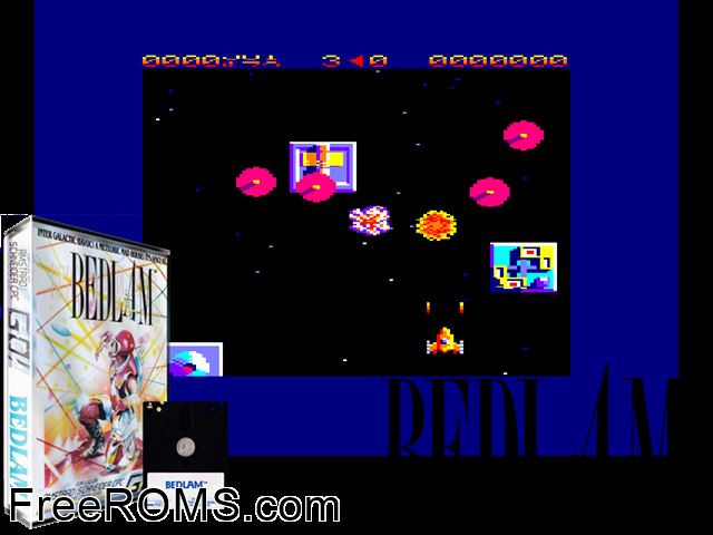 Bedlam (UK) (1988) Amstrad CPC game showing 3D box cover and gameplay screenshot
