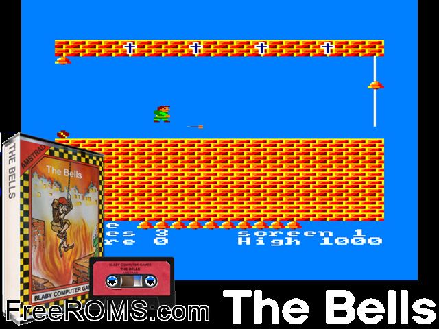 Bells, The (UK) (1986) Amstrad CPC game showing 3D box cover and gameplay screenshot