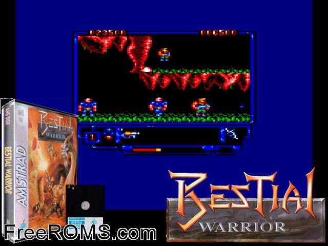 Bestial Warrior (S) (1989) Amstrad CPC game showing 3D box cover and gameplay screenshot