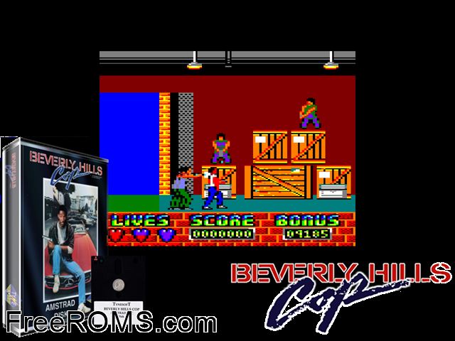 Beverly Hills Cop (UK) (1990) Amstrad CPC game showing 3D box cover and gameplay screenshot