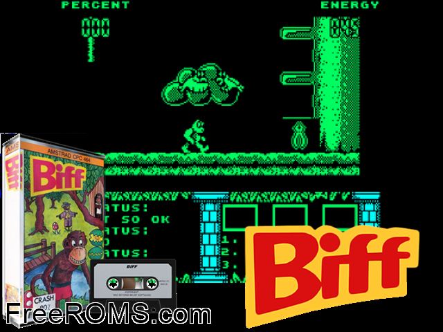 Biff (UK) (19xx) Amstrad CPC game showing 3D box cover and gameplay screenshot