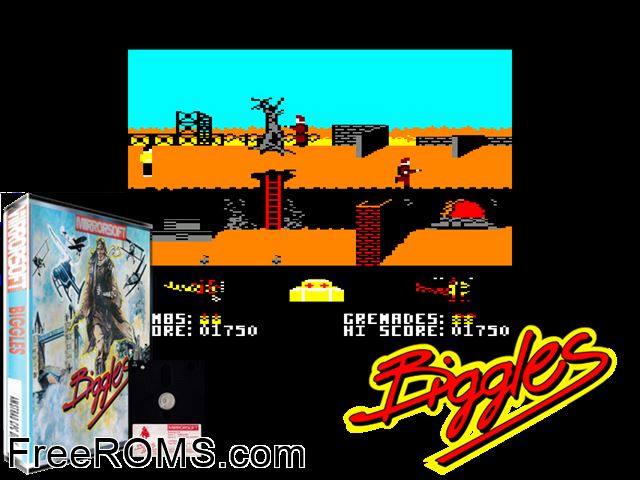 Biggles (UK) (1986) Amstrad CPC game showing 3D box cover and gameplay screenshot