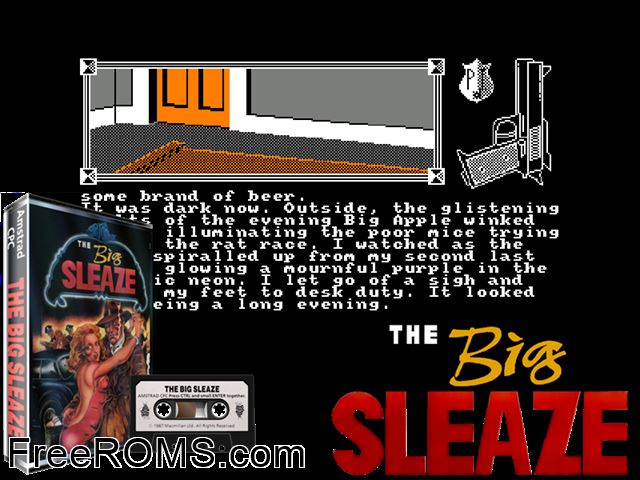 Big Sleaze, The (UK) (1987) Amstrad CPC game showing 3D box cover and gameplay screenshot