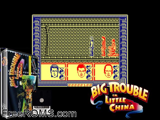 Big Trouble In Little China - Jack Burton (UK) (1986) Amstrad CPC game showing 3D box cover and gameplay screenshot