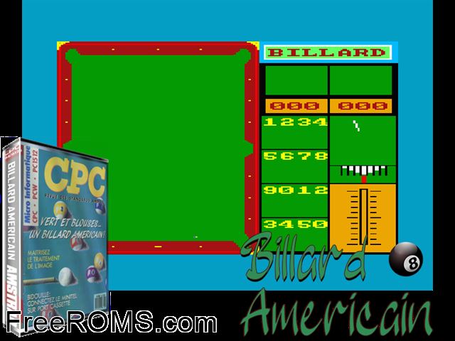 Billard Americain (F) (19xx) Amstrad CPC game showing 3D box cover and gameplay screenshot