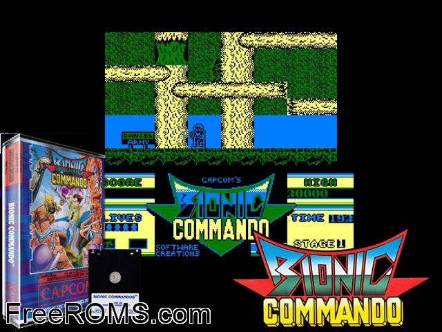 Bionic Commando (UK) (1988) Amstrad CPC game showing 3D box cover and gameplay screenshot