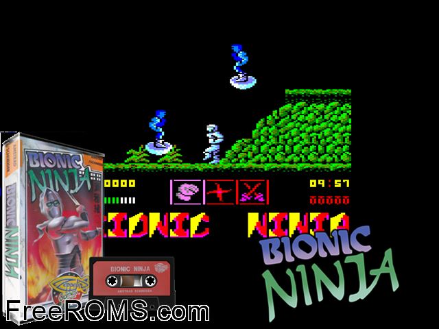 Bionic Ninja (UK) (1989) Amstrad CPC game showing 3D box cover and gameplay screenshot