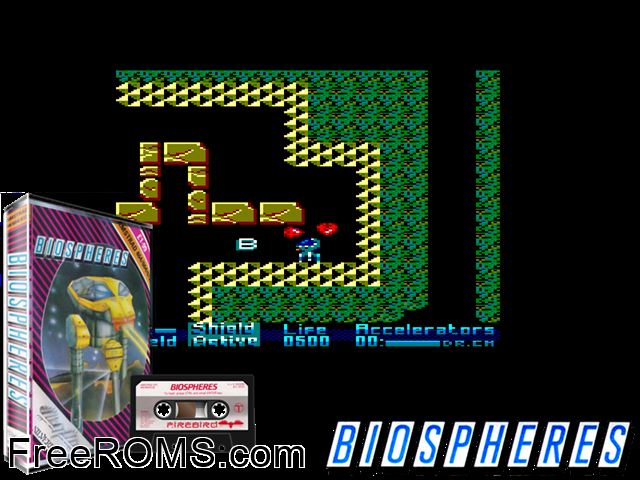 Bio Spheres (UK) (1988) Amstrad CPC game showing 3D box cover and gameplay screenshot
