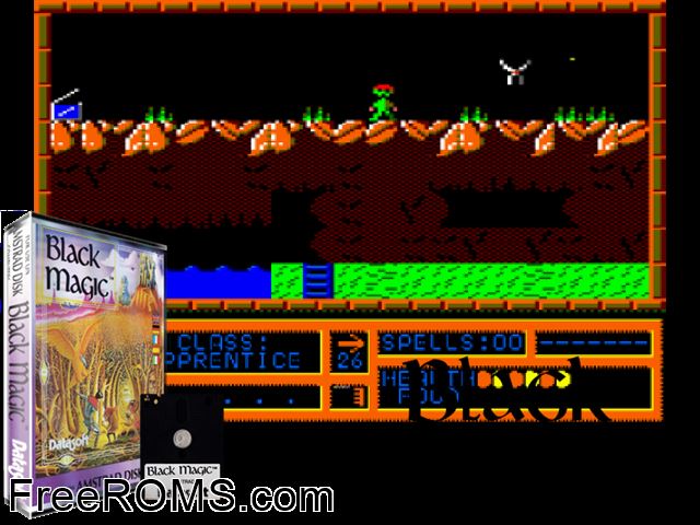 Black Magic (UK) (1987) Amstrad CPC game showing 3D box cover and gameplay screenshot