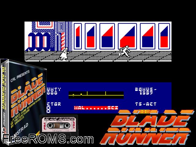 Blade Runner (UK) (1986) Amstrad CPC game showing 3D box cover and gameplay screenshot