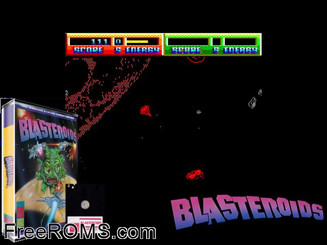 Blasteroids (UK) (1989) Amstrad CPC game showing 3D box cover and gameplay screenshot