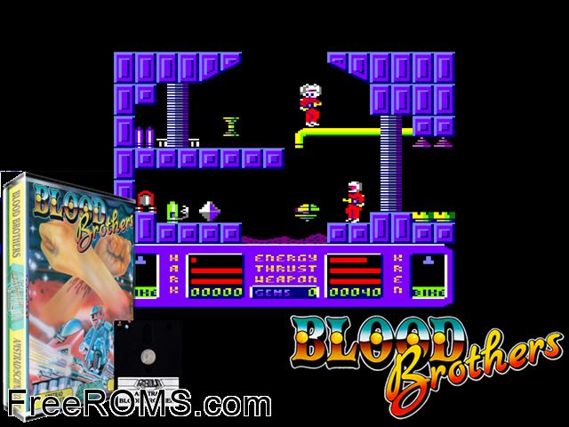 Blood Brothers (UK) (1988) Amstrad CPC game showing 3D box cover and gameplay screenshot