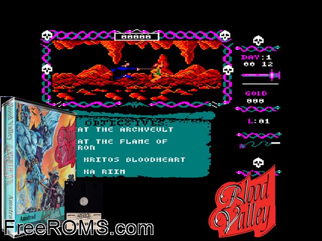 Blood Valley (UK,F,G) (1987) Amstrad CPC game showing 3D box cover and gameplay screenshot