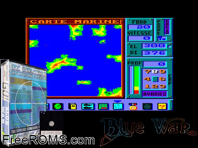 Blue War (UK) (1986) Amstrad CPC game showing 3D box cover and gameplay screenshot
