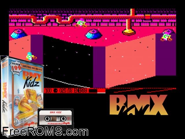 BMX Kidz (UK) (19xx) Amstrad CPC game showing 3D box cover and gameplay screenshot