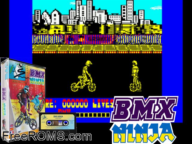 BMX Ninja (UK,S) (1989) Amstrad CPC game showing 3D box cover and gameplay screenshot