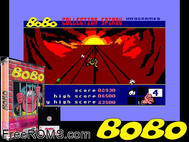 Bobo (F) (1988) Amstrad CPC game showing 3D box cover and gameplay screenshot