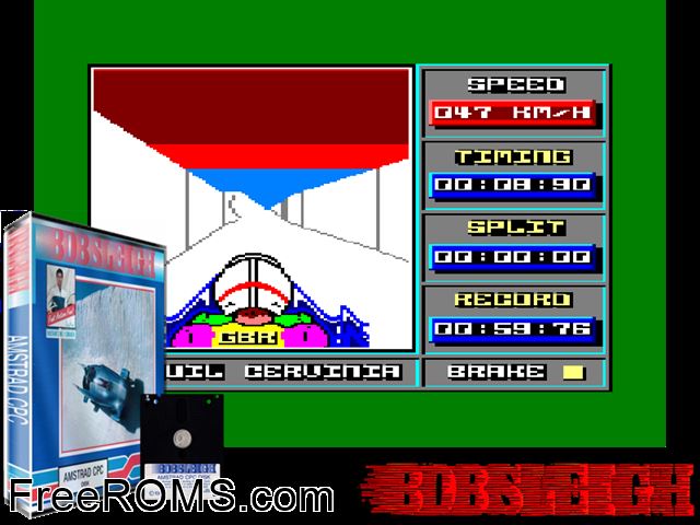 Bobsleigh (UK) (1987) Amstrad CPC game showing 3D box cover and gameplay screenshot