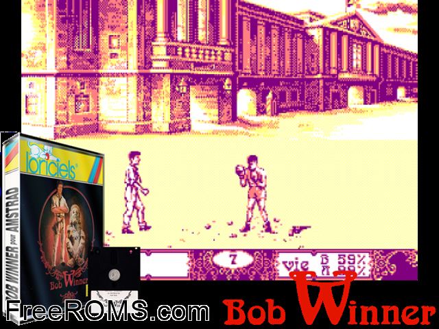 Bob Winner (F) (1986) (Disk 1 of 2) Amstrad CPC game showing 3D box cover and gameplay screenshot