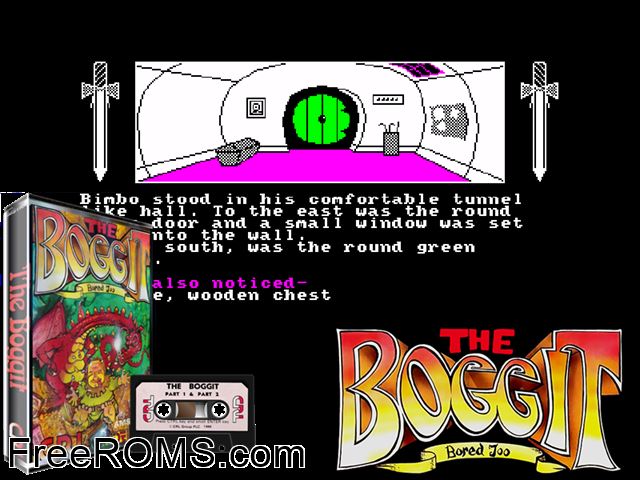 Boggit, The (UK) (1986) Amstrad CPC game showing 3D box cover and gameplay screenshot