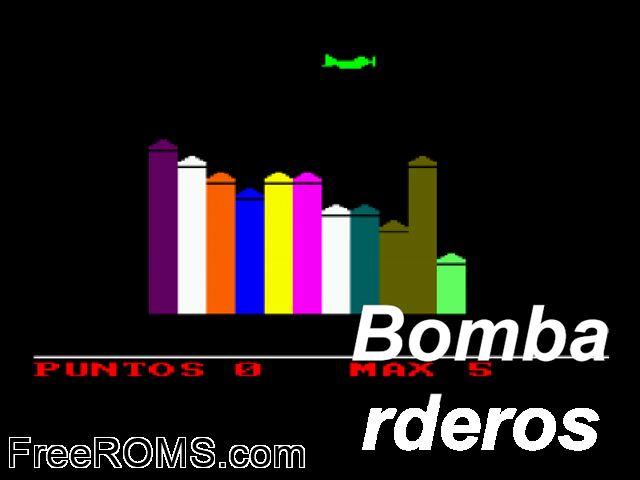 Bombarderos (S) (1990) Amstrad CPC game showing 3D box cover and gameplay screenshot