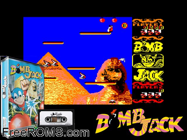 Bomb Jack (UK) (1986) Amstrad CPC game showing 3D box cover and gameplay screenshot