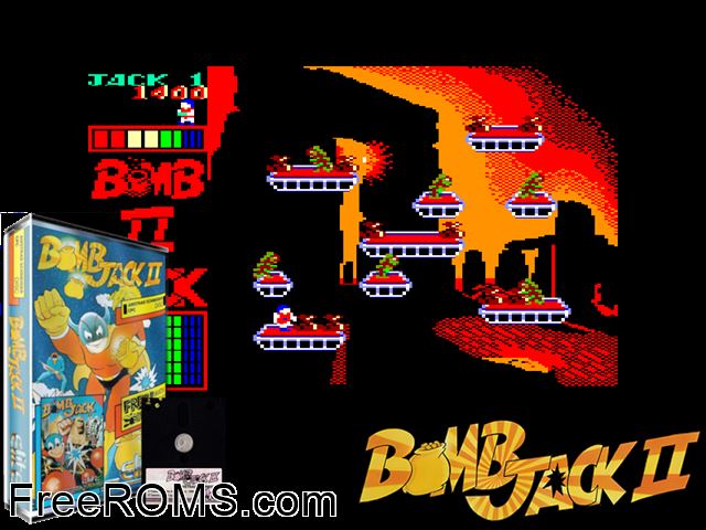 Bomb Jack 2 (UK) (1987) Amstrad CPC game showing 3D box cover and gameplay screenshot