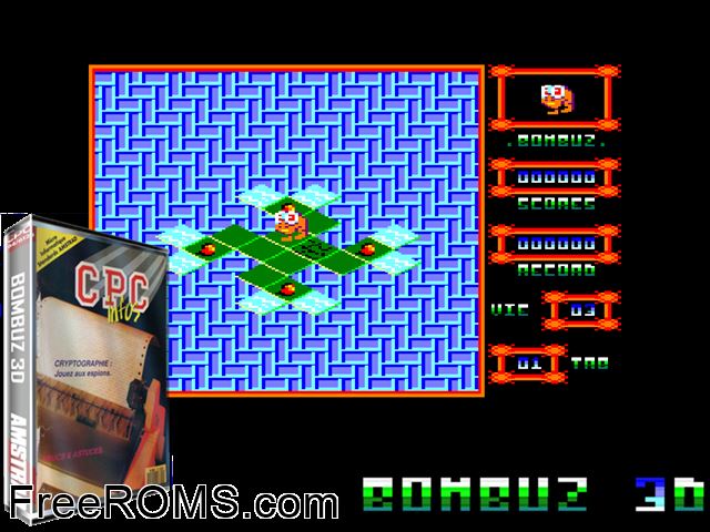 Bombuz 3D (UK) (19xx) Amstrad CPC game showing 3D box cover and gameplay screenshot
