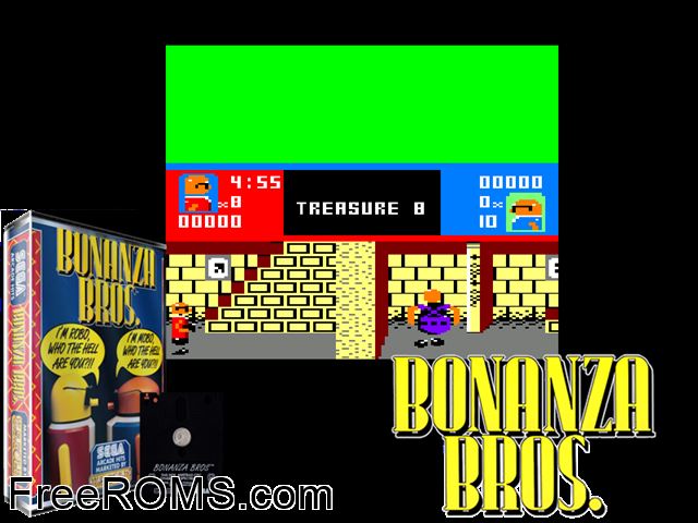 Bonanza Bros (UK) (1991) Amstrad CPC game showing 3D box cover and gameplay screenshot