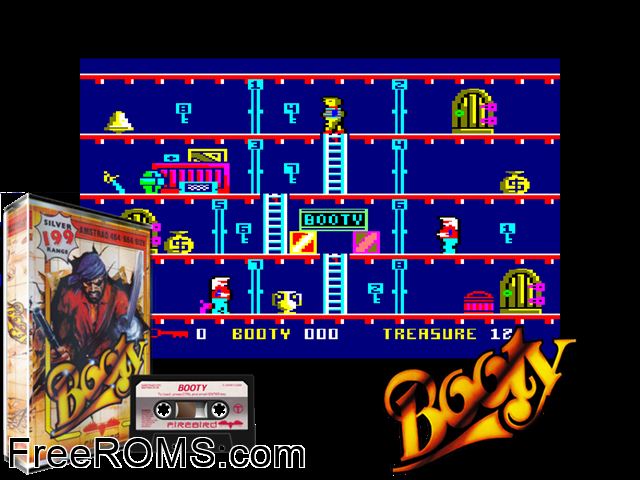 Booty (UK) (1986) Amstrad CPC game showing 3D box cover and gameplay screenshot