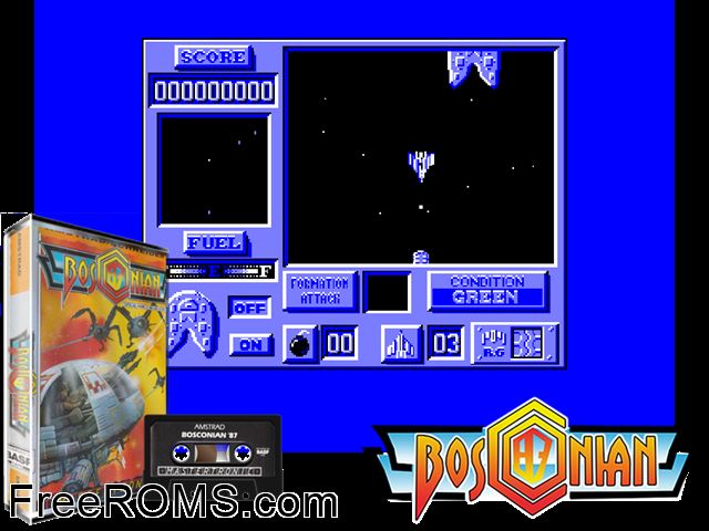 Bosconian 87 (UK) (1987) Amstrad CPC game showing 3D box cover and gameplay screenshot